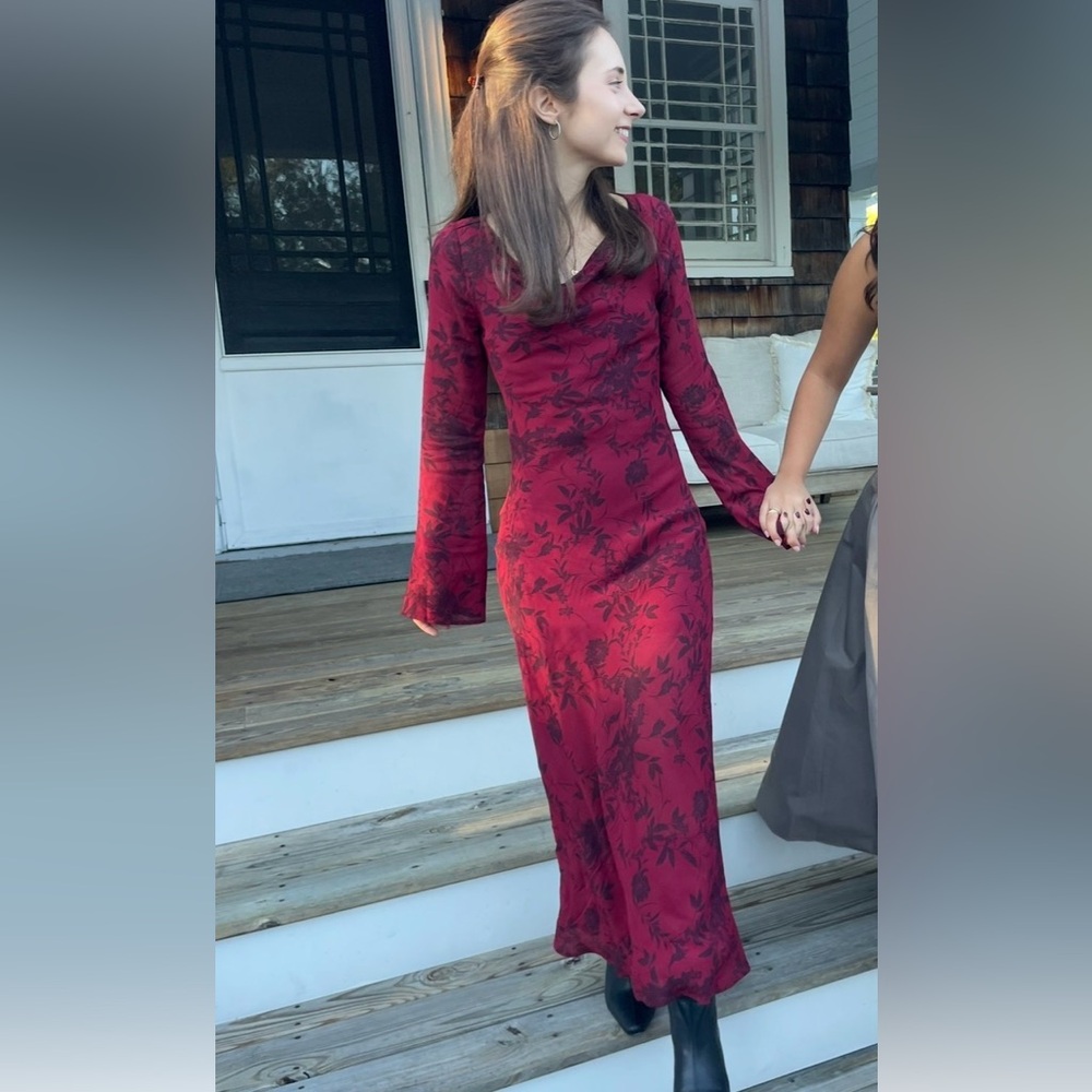 Red Floral Long-Sleeve Maxi Dress - perfect fall/winter occasion dress